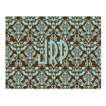 Monogrammed brunt- & blåttdamast vykort