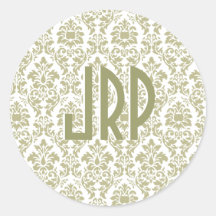 Monogrammed damast för Taupe & för vit Runda Klistermärken