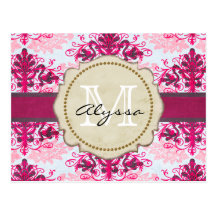 Monogrammed rosa damast vykort