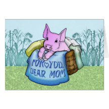 Mor mors dag, gullig gris i en basket hälsnings kort
