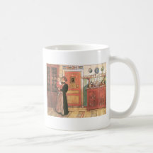 Mor och baby i kök kaffe muggar