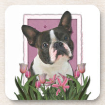Mors dag - rosa tulpan - Boston Terrier Underlägg