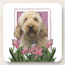 Mors dag - rosa tulpan - GoldenDoodle Glas Underlägg