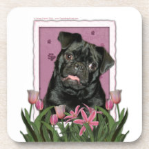 Mors dag - rosa tulpan - mops - Ruffy Underlägg