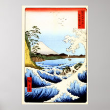 Mount Fuji som bryter vinkar på havet, japan Print