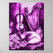 MUSIKALISK KATT, lilor och vit Print