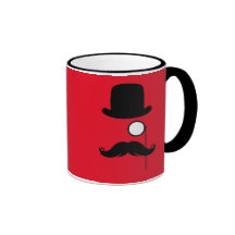 Mustaschman på röd bakgrund kaffe muggar