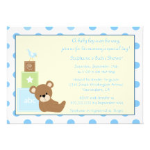 Nalle- och fågelpojke inbjudan för baby shower