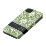 Nätt mörk oliv grönt & vitdamast med monogramen Case-Mate iPhone 4 fodral