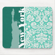 New York, Statue of Liberty, Seafoam Green Damask Mousepad