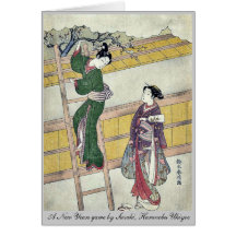 Nya år spelar vid Suzuki, Harunobu Ukiyoe Kort
