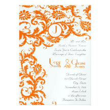 Orange damastast Monogrambröllopinbjudan