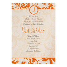 Orange damastast Monogrambröllopinbjudan