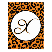 Orange leopardtryck med ett monogrammed X. Vykort