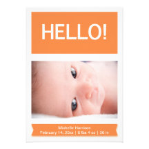 Orange meddelande för fotobabyfödelse inbjudningar