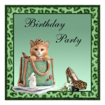 Pälsfödelsedag för Princess Kattunge Göra grön Fau Inbjudan