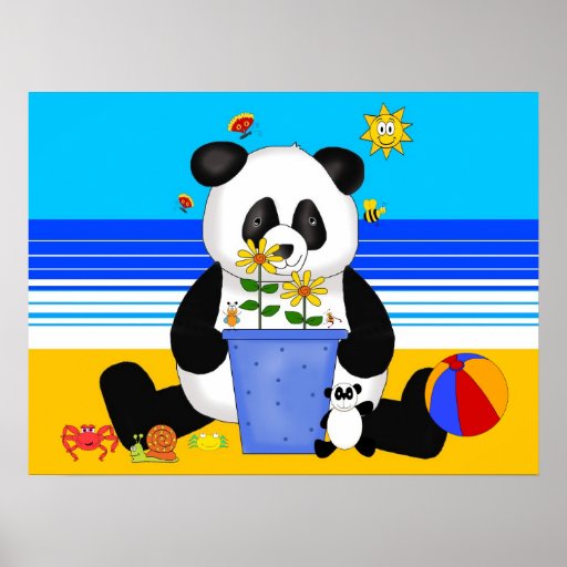 Panda för affischkonstbarn på stranden