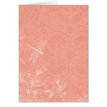 Peach Floral Dragonfly damask girly chic Cards