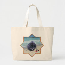 Pekingese valp på stranden tote bags