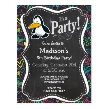 Penguin; Chalk Hearts, Colorful Post Card