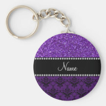 Personalized name purple glitter damask keychain