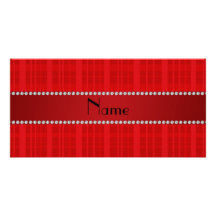 Personalized name red plaid pattern photo card