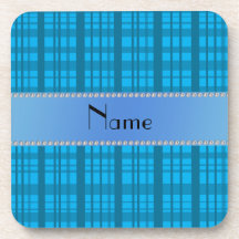 Personalized name sky blue plaid drink coaster