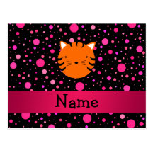 Personalized name tiger face black pink polka dots post card