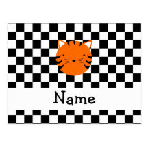 Personalized name tiger face black white checkers postcards