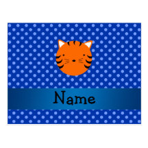 Personalized name tiger face blue polka dots postcards