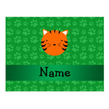 Personalized name tiger face green paw pattern post cards