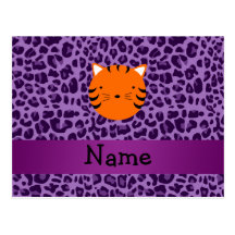 Personalized name tiger face purple leopard print post cards