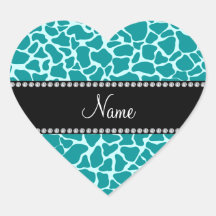 Personalized name turquoise giraffe pattern heart stickers