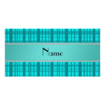 Personalized name turquoise plaid pattern photo cards