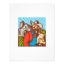 Pig Farmer Holding Piglet Barn Retro Personalised Announcement