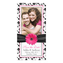 Pink Daisy Black Floral Ribbon Wedding Save Date fotokort