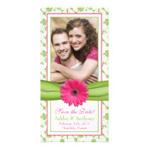 Pink Daisy Green Floral Ribbon Wedding Save Date fotokort