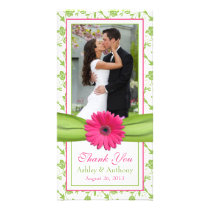 Pink Daisy Green Floral Ribbon Wedding Thank You fotokort