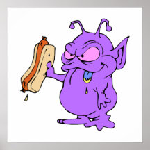 Purpurfärgad främling omkring som äter hotdogen posters