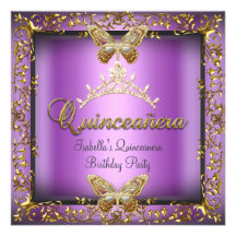 Quinceañera 15th rosa purpurfärgade guld- fjäril inbjudningskort
