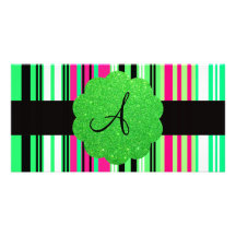 Randig monogram för grön rosasvart hälsningskort med foto