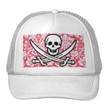 Red Damask Pattern Jolly Roger Trucker Hats