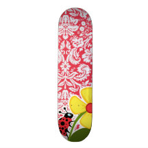 Red Damask Pattern; Ladybug Custom Skate Board