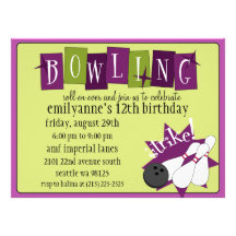Retro bowlingfödelsedagsfest för plommon/för oliv  anpassade inbjudningskort