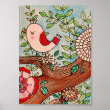 Retro fågel, gren och blommor posters