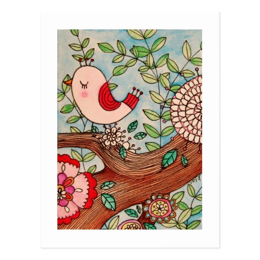 Retro fågel, gren och blommor vykort