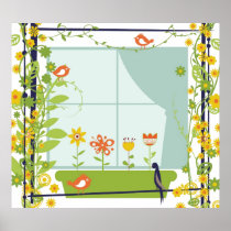 Retro fåglar och blommaaffisch