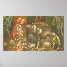 Ridninghuva och varg för vintage lite röd i skog affisch