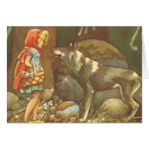 Ridninghuva och varg för vintage lite röd i skog kort