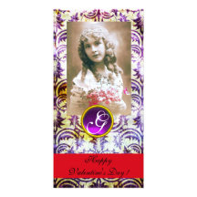 Röd ANTIK PURPURFÄRGAD DAMASTAST Amethyst Monogram Skräddarsydda Fotokort